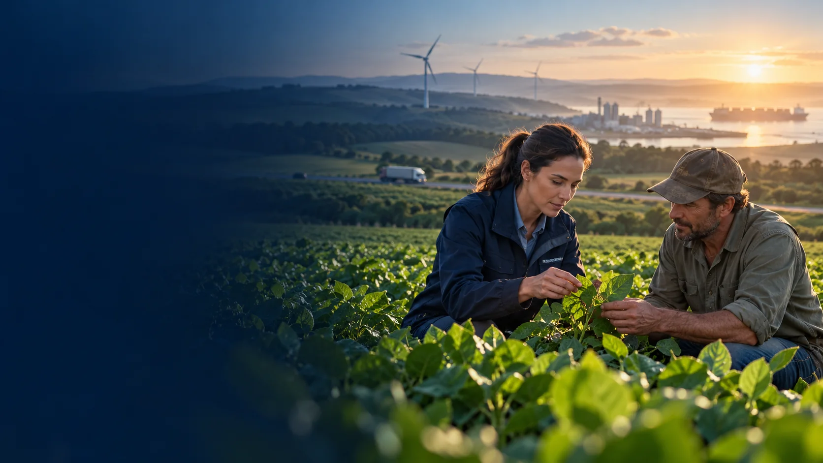 A sustainability auditor and grower reviewing a crop